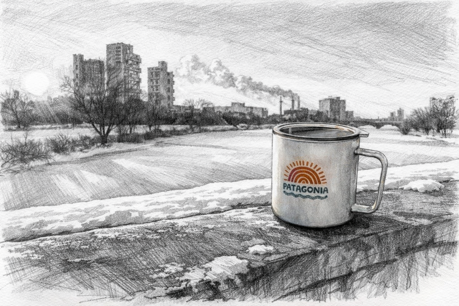 Snowy riverbank with a Patagonia mug on a stone ledge during a quiet winter walk.