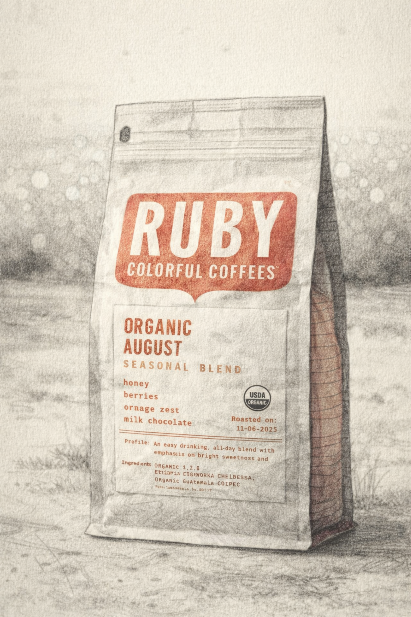 Ruby Colorful Coffees Organic August Seasonal Blend bag sketched on a gray countertop.