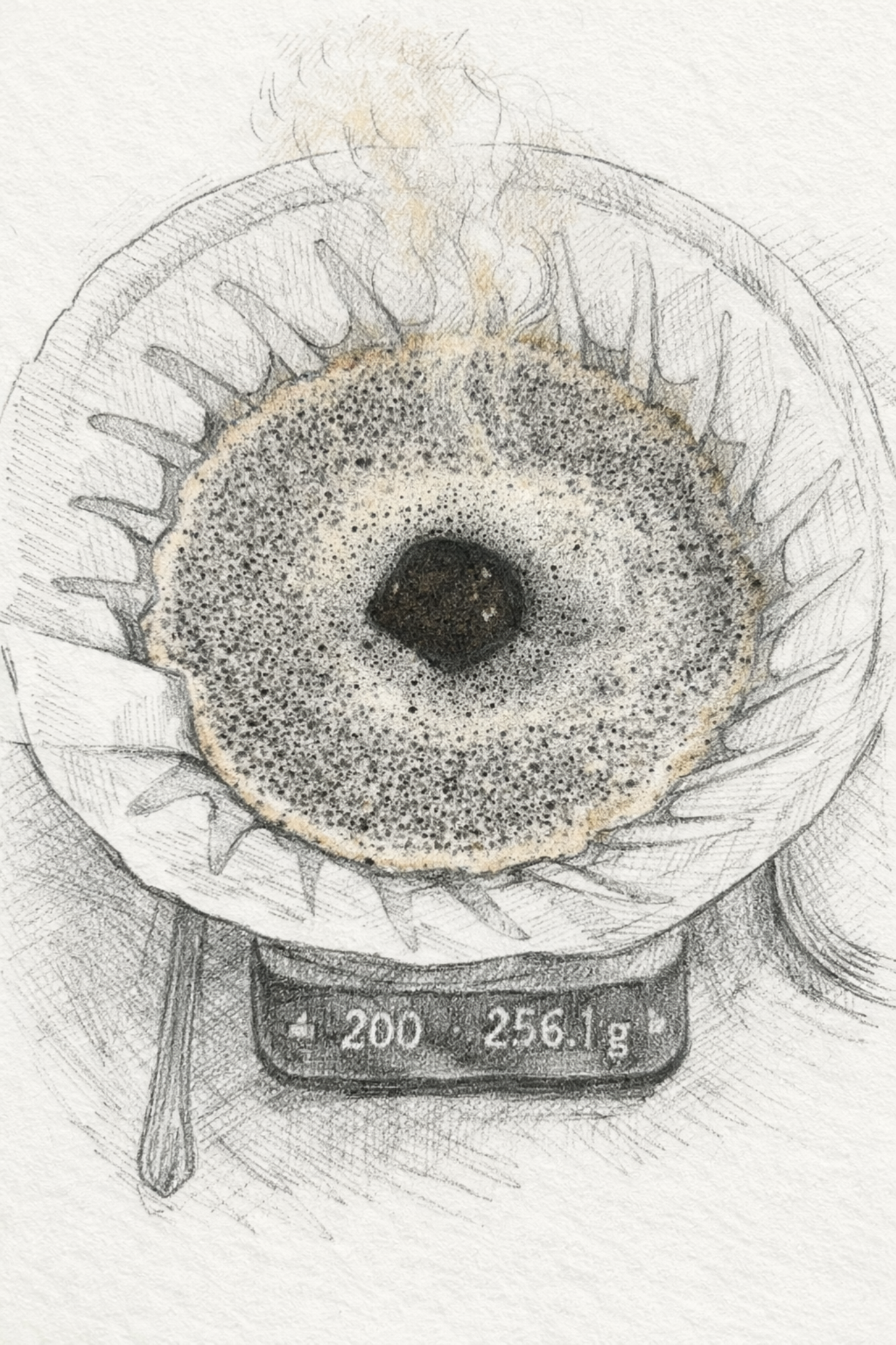 Pencil sketch of a coffee bed with a pale foam ring and a darker center on a scale.