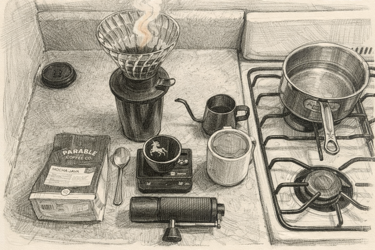 Pencil sketch of a pour-over setup with dripper, kettle, scale, and a pot on the stove.