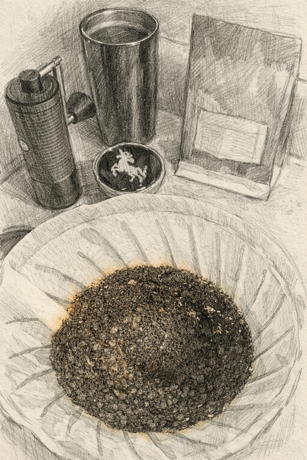 The top of the Hario Switch coffee bed with a pale foam ring and a darker center and a grinder and unicorn mug in the background.