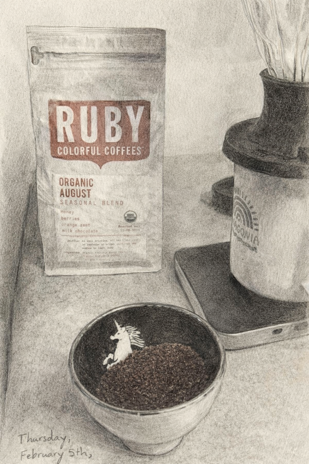 Ruby Colorful Coffees Organic August bag, unicorn cup, and Switch