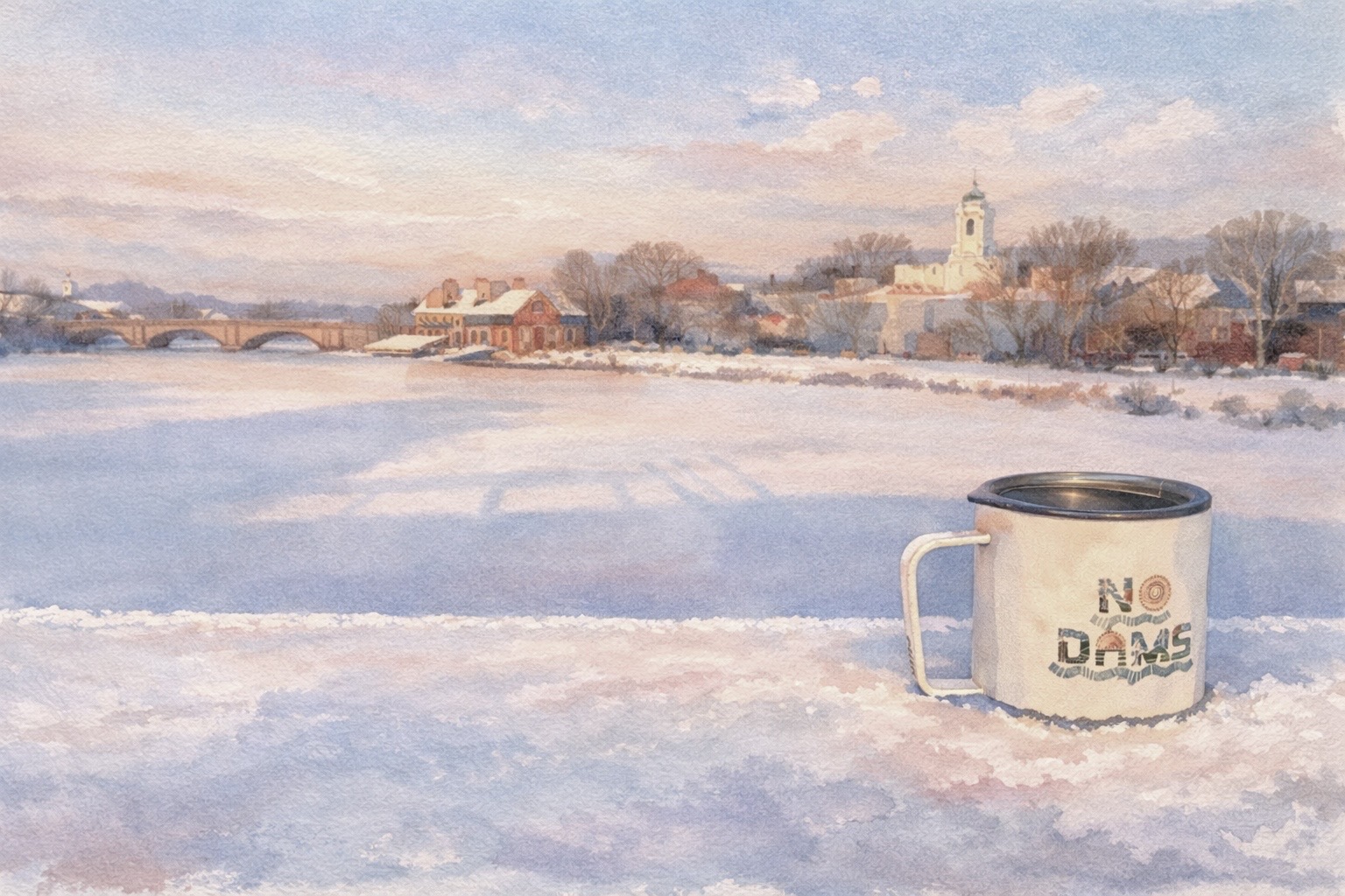 No Dams mug on snowy river with bridge and town in morning winter light