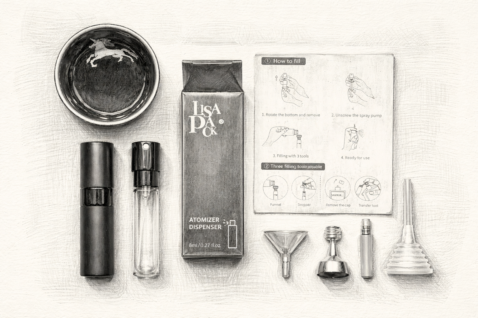 RDT atomizer kit laid out with bottle, box, fill guide, and funnel tools