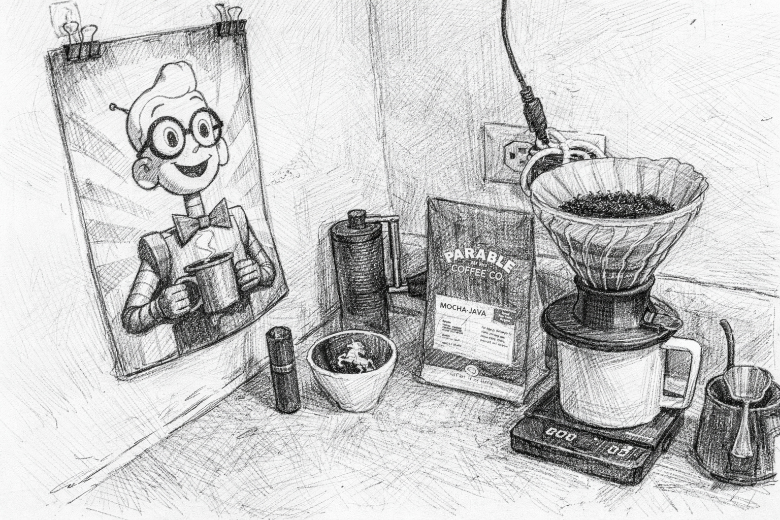 Coffee robot boy Valentine poster in the kitchen brew nook