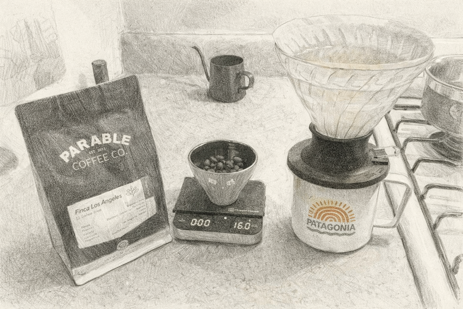 Parable Finca Los Angeles bag, dose cup, and Hario Switch setup before dawn