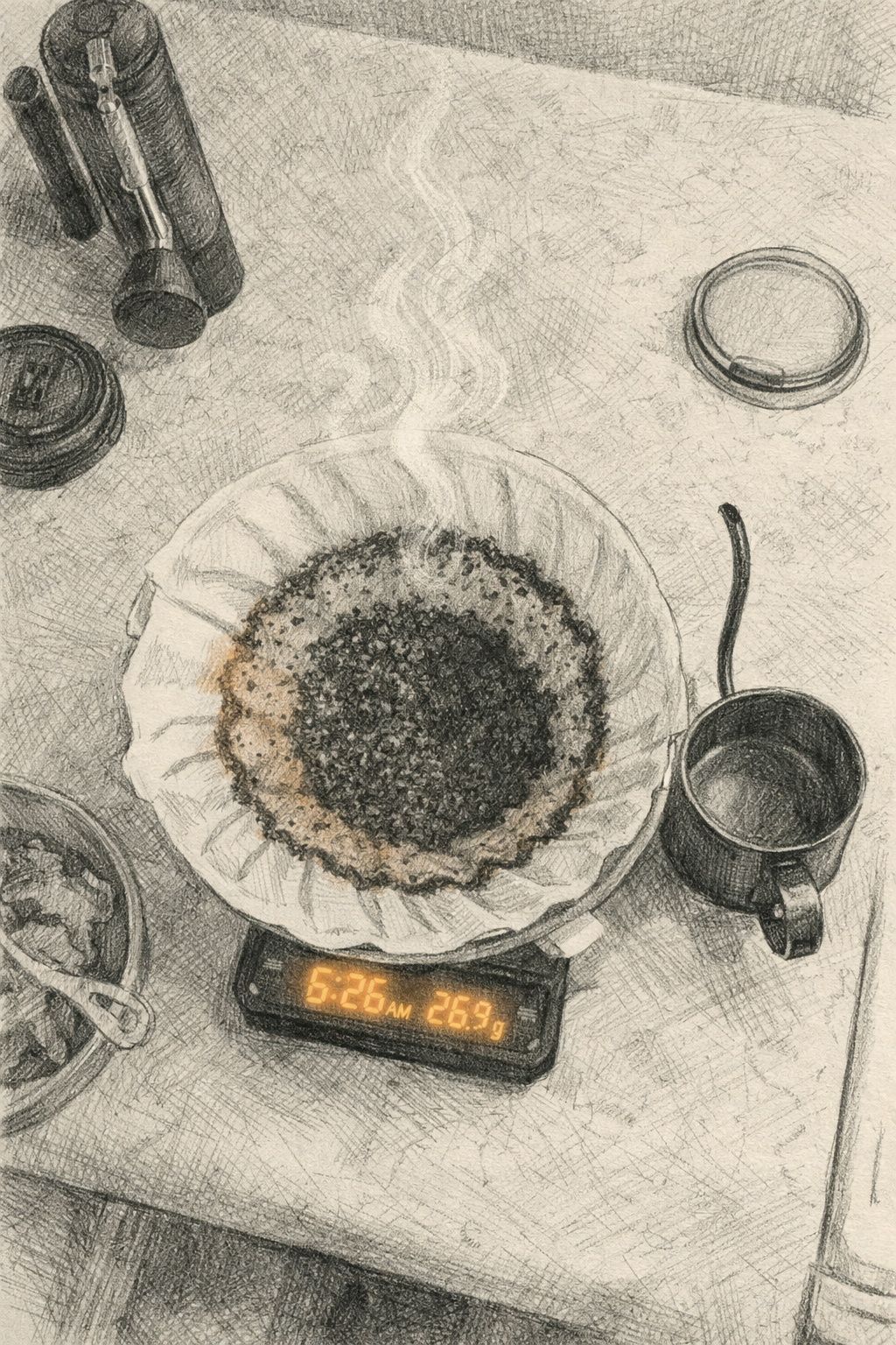 Top-down post-brew bed with dark outer ring and central mound