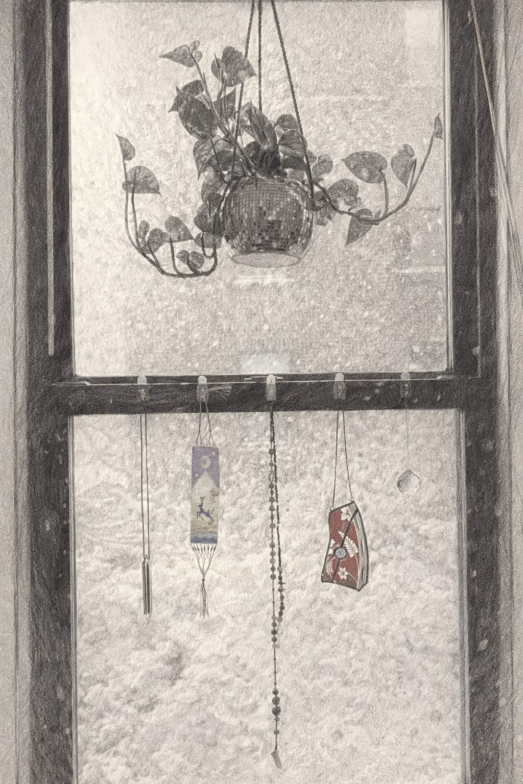 Blizzard conditions through the kitchen window with hanging pothos and ornaments