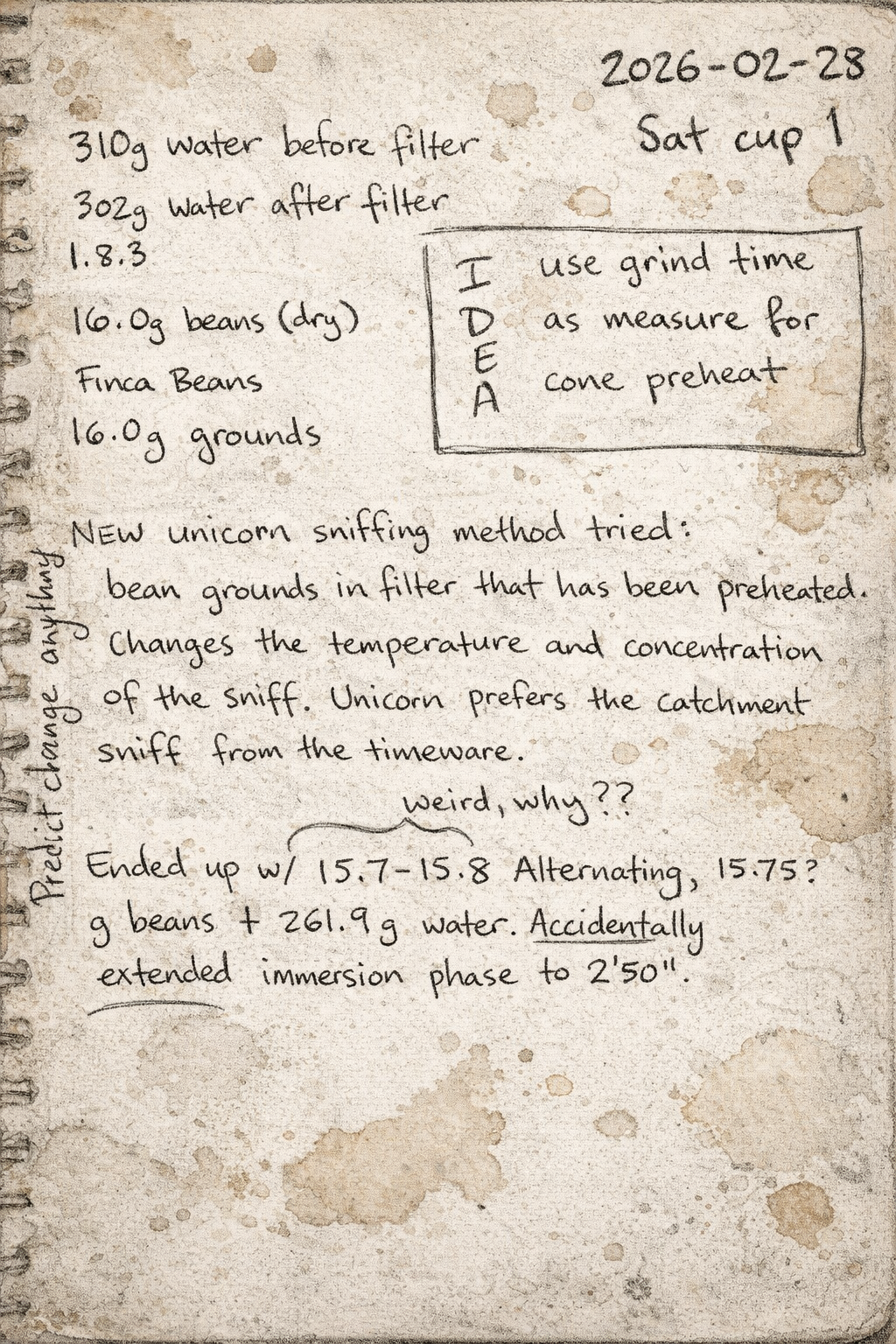 image of coffee-stained notebook with hand-written notes of the day's brew