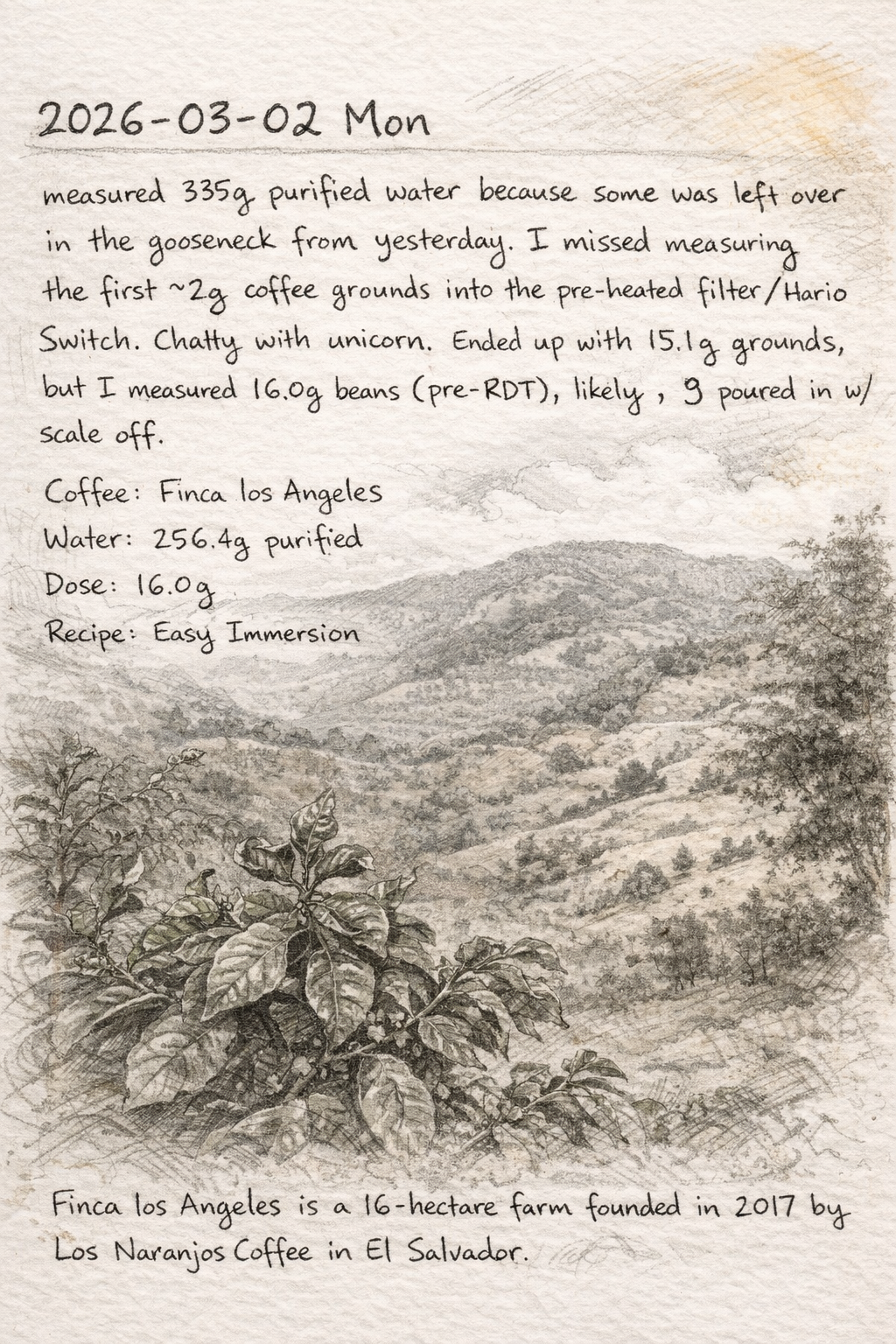 handwritten brew notes in a journal entry on top of a notebook sketch of the finca los angeles farm in el salvador