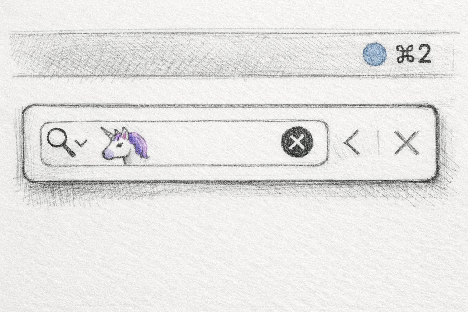 "hand-drawn" image of iterm2 with the find dialog opened up, searching for the unicorn emoji