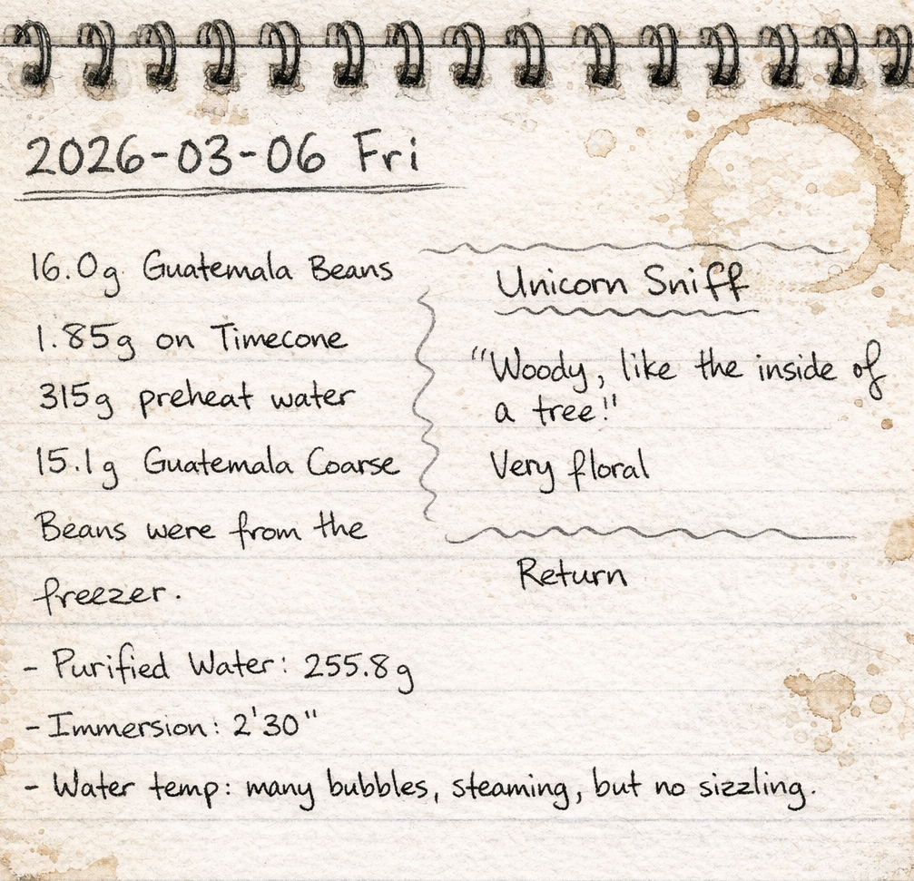 hand-written notes of the brew from this morning