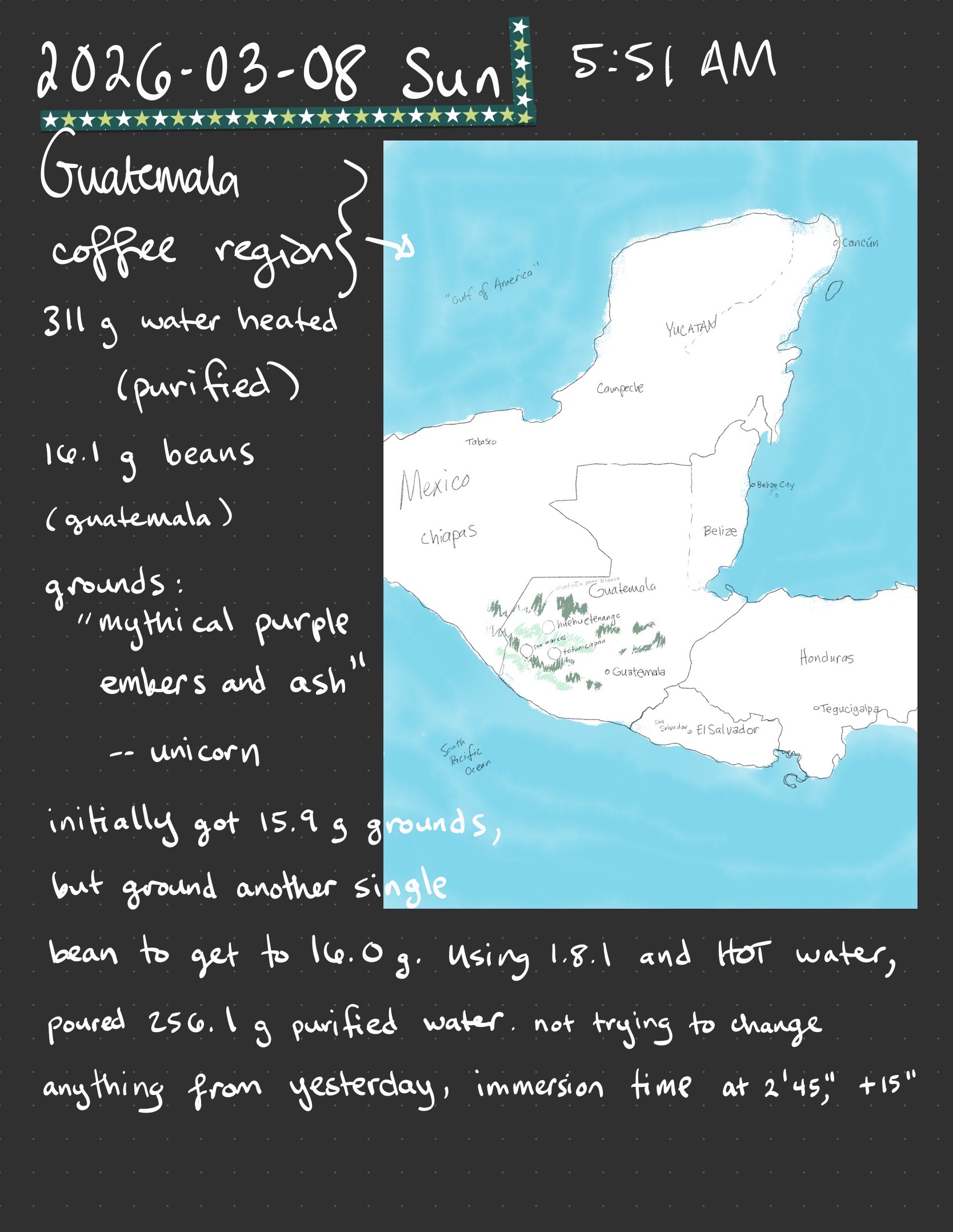 March 8 cup 1 handwritten brew notes with a map of the Guatemala coffee region