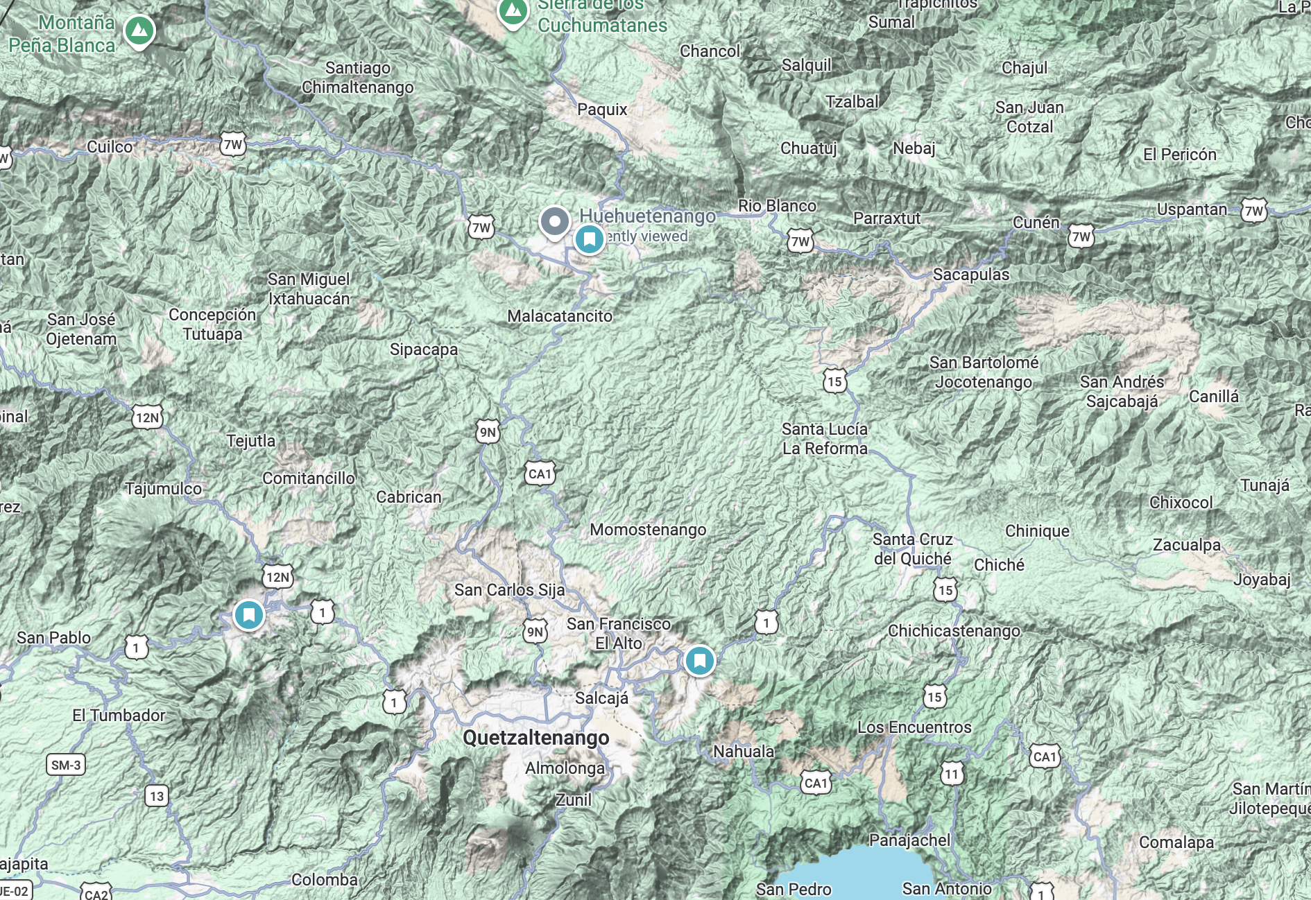 snapshot of google maps terrain mode of the huehuetenango mountains, including the three districts for ACODIHUE Heuheutenango Organic, including Huehuetenango, San Marcos, Totonicapán.