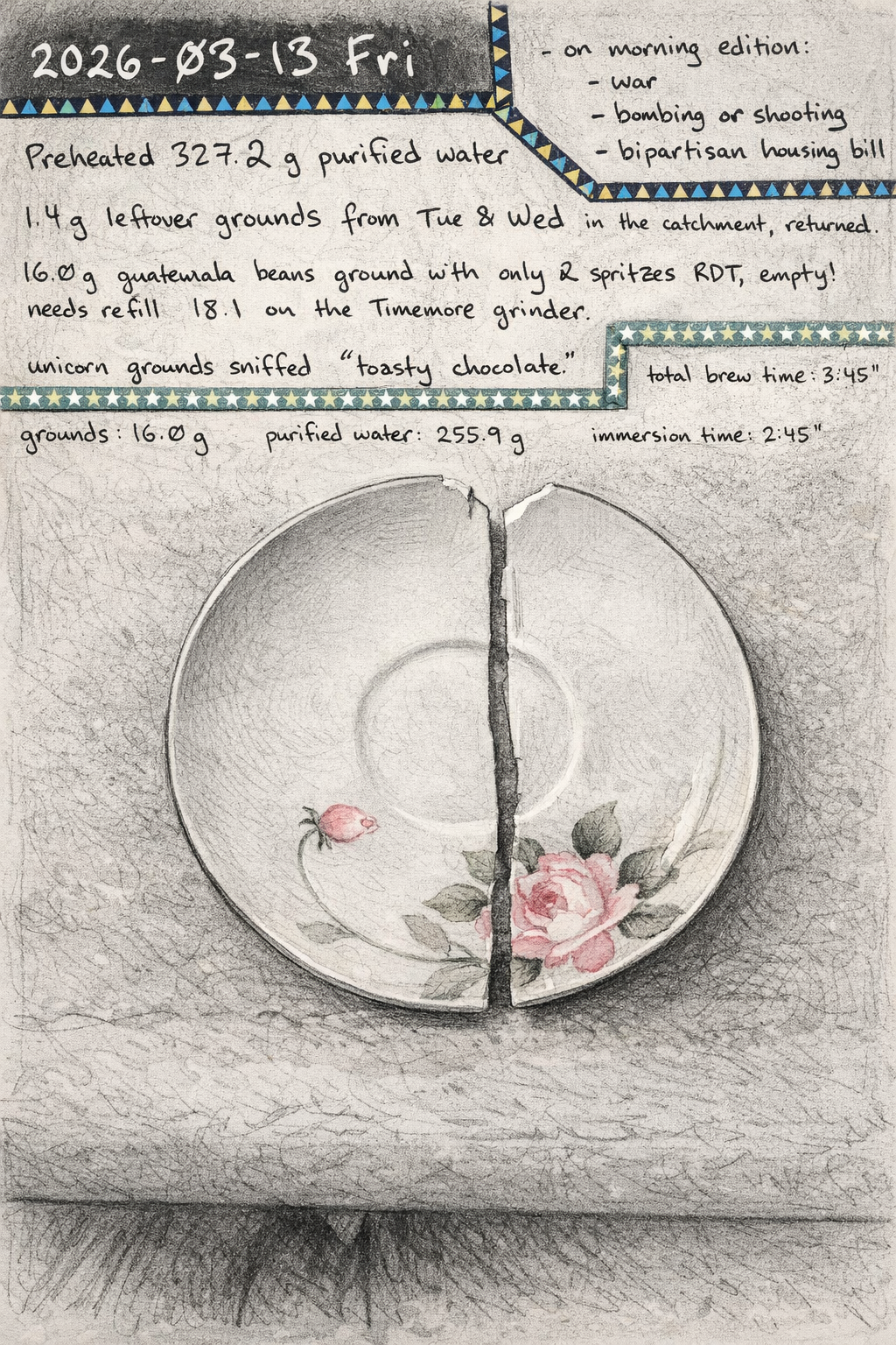 A graphite drawing of a broken floral saucer beneath handwritten brew notes dated 2026-03-13