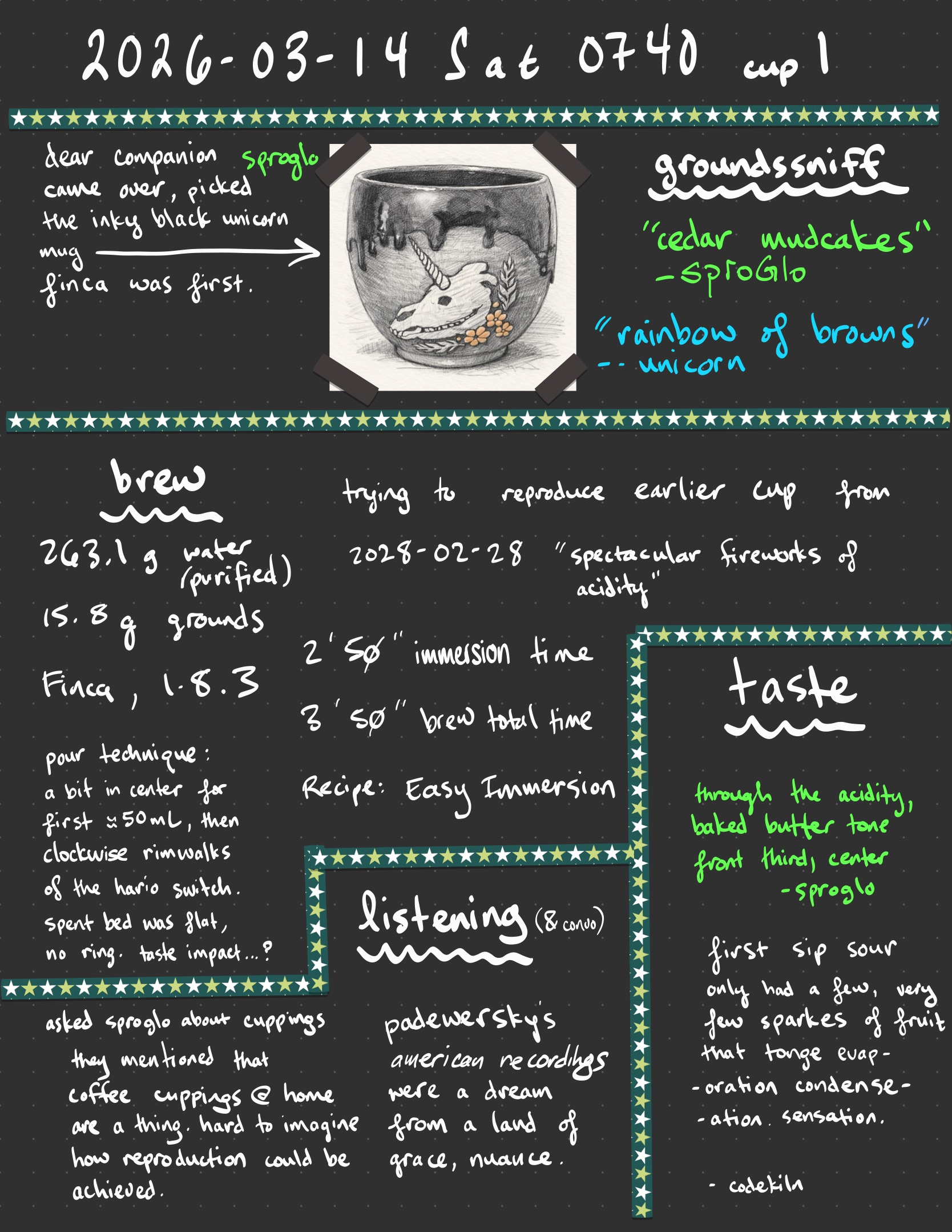 march 14 cup 1 handwritten brew notes with sproglo visiting and choosing the inky black unicorn mug for a finca los angeles brew