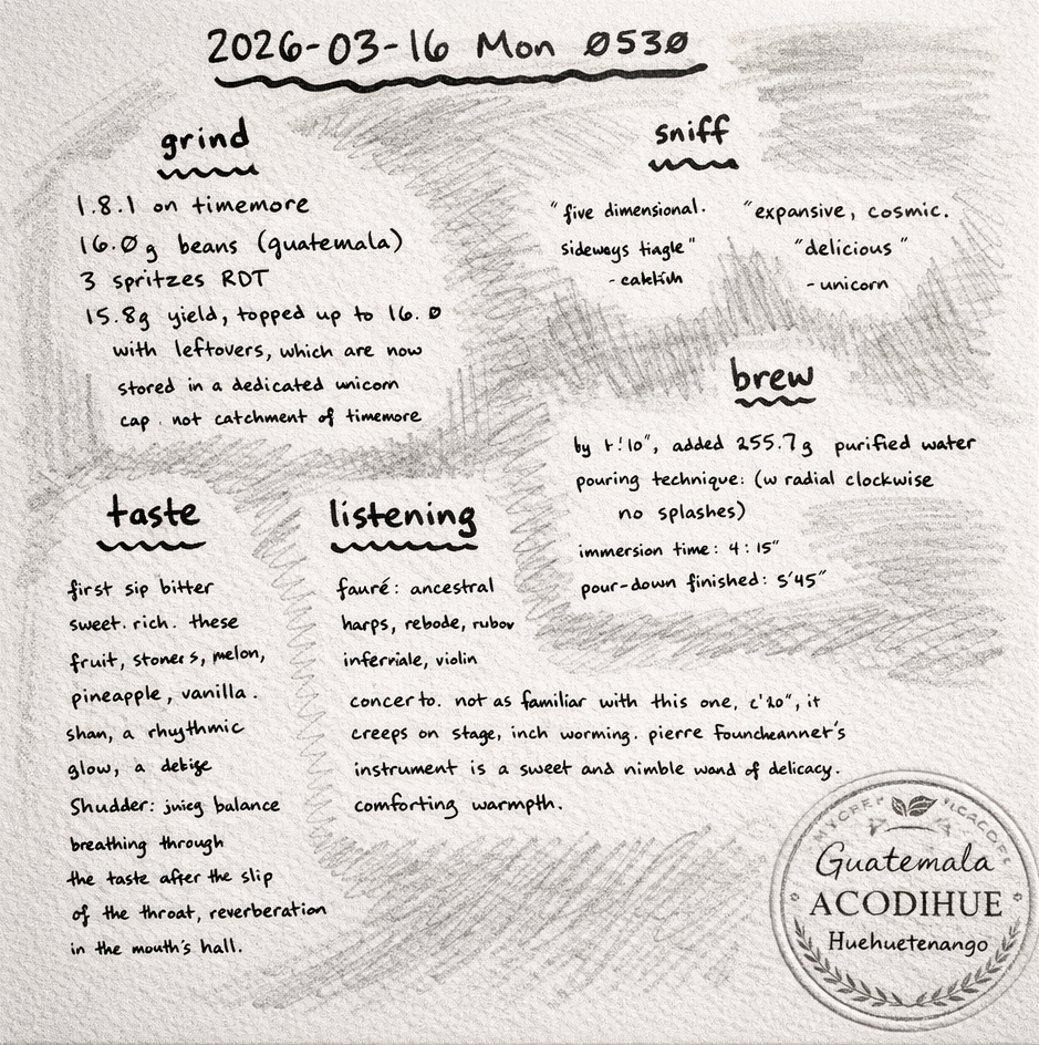 Handwritten log 2026-03-16 Mon 0530: grind, sniff, brew, taste, listening, guatemala acodihue stamp