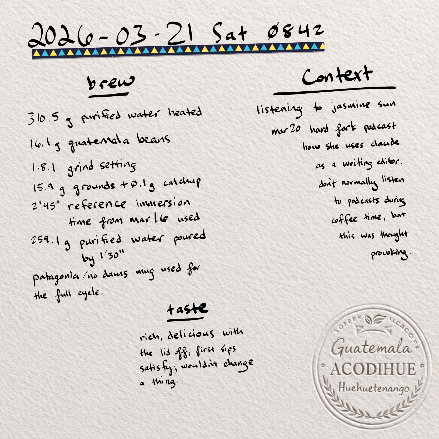 bean log 2026-03-21 sat 0842: brew, context, taste, guatemala acodihue huehuetenango stamp