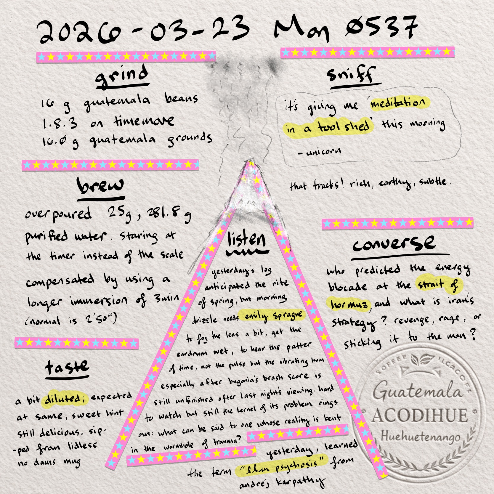 bean log 2026-03-23 mon 0537: handwritten grind sniff brew listen converse taste, guatemala acodihue huehuetenango stamp