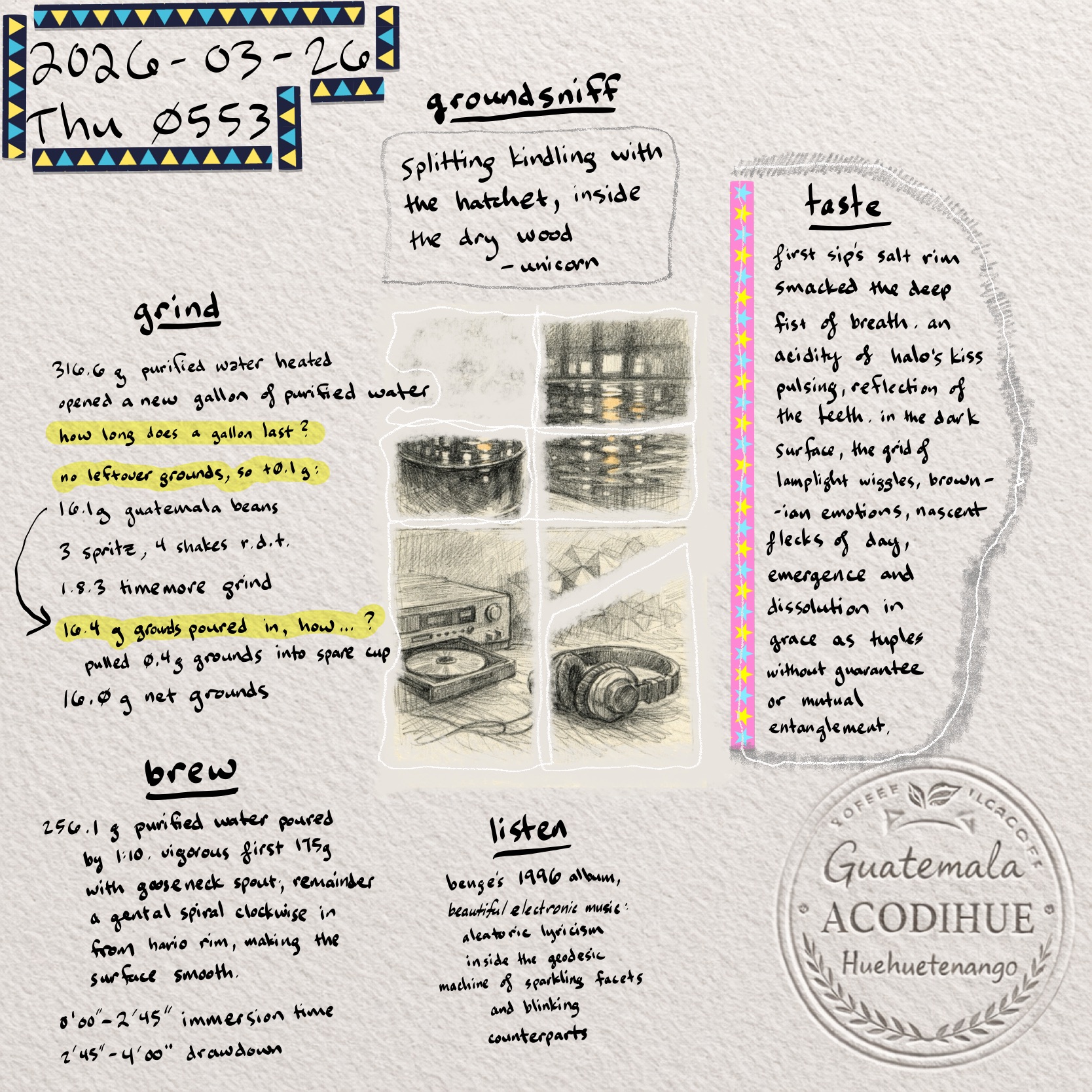 bean log 2026-03-26 thu 0553: handwritten grind, groundsniff, brew, listen, taste, and guatemala acodihue huehuetenango stamp