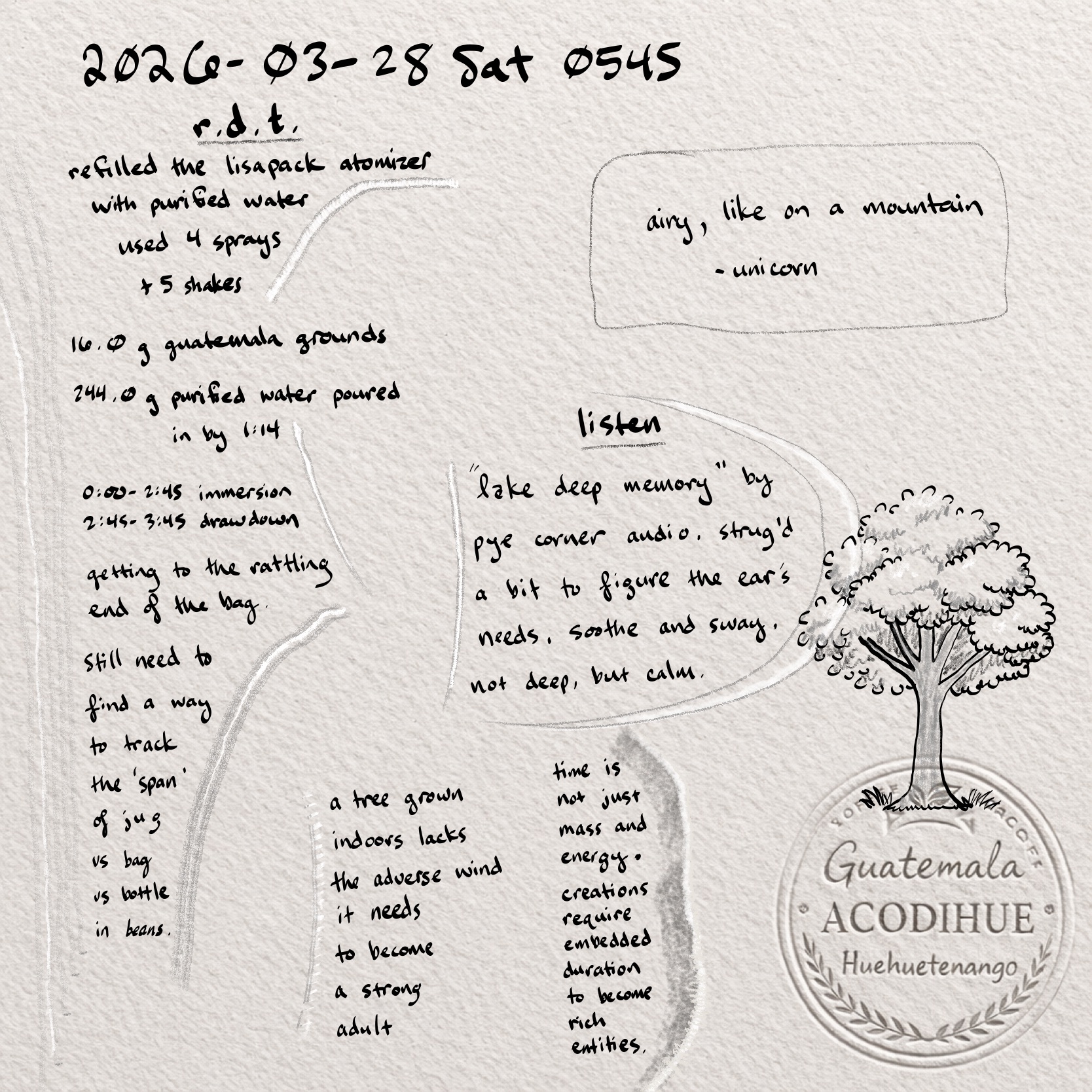 bean log 2026-03-28 sat 0701: handwritten brew notes, listening notes, unicorn quote, and guatemala acodihue huehuetenango stamp