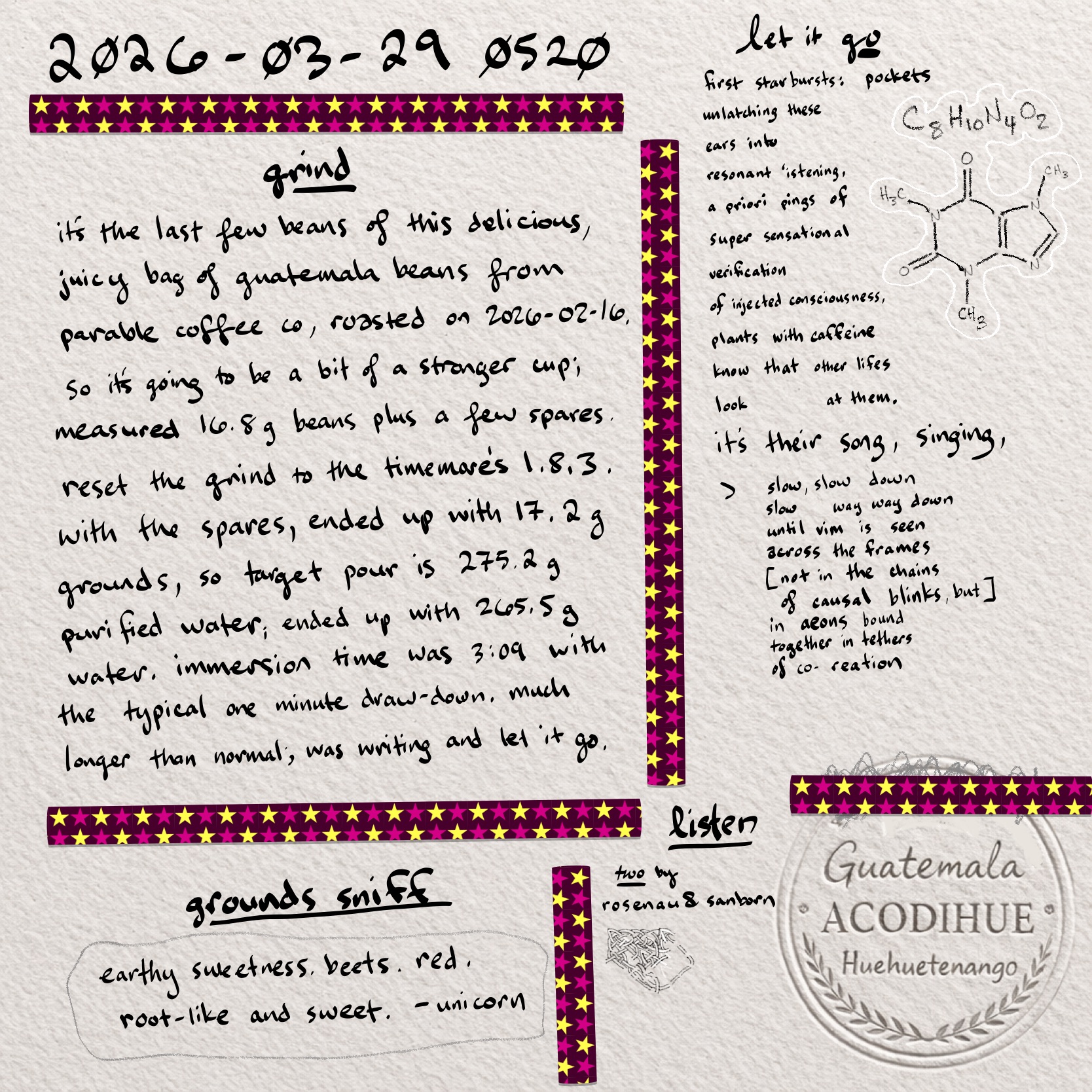 bean log 2026-03-29 sun 0520: handwritten grind notes, unicorn grounds sniff, let it go poem, Rosenau and Sanborn listening note, and guatemala acodihue huehuetenango stamp