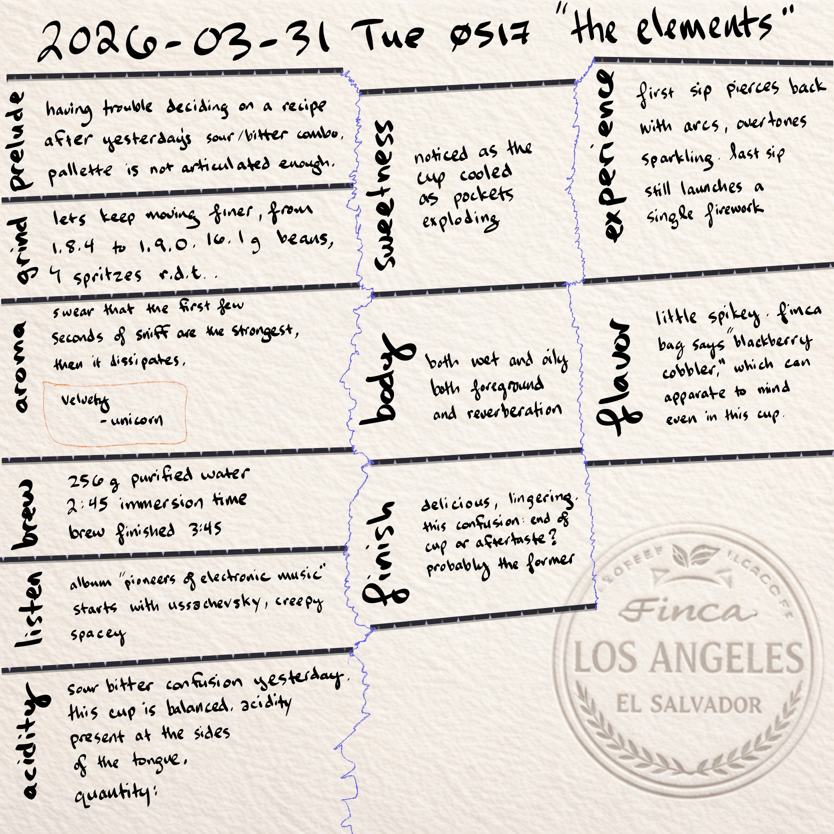 bean log 2026-03-31 tue 0517: handwritten the elements tasting notes in three columns with finca los angeles el salvador stamp