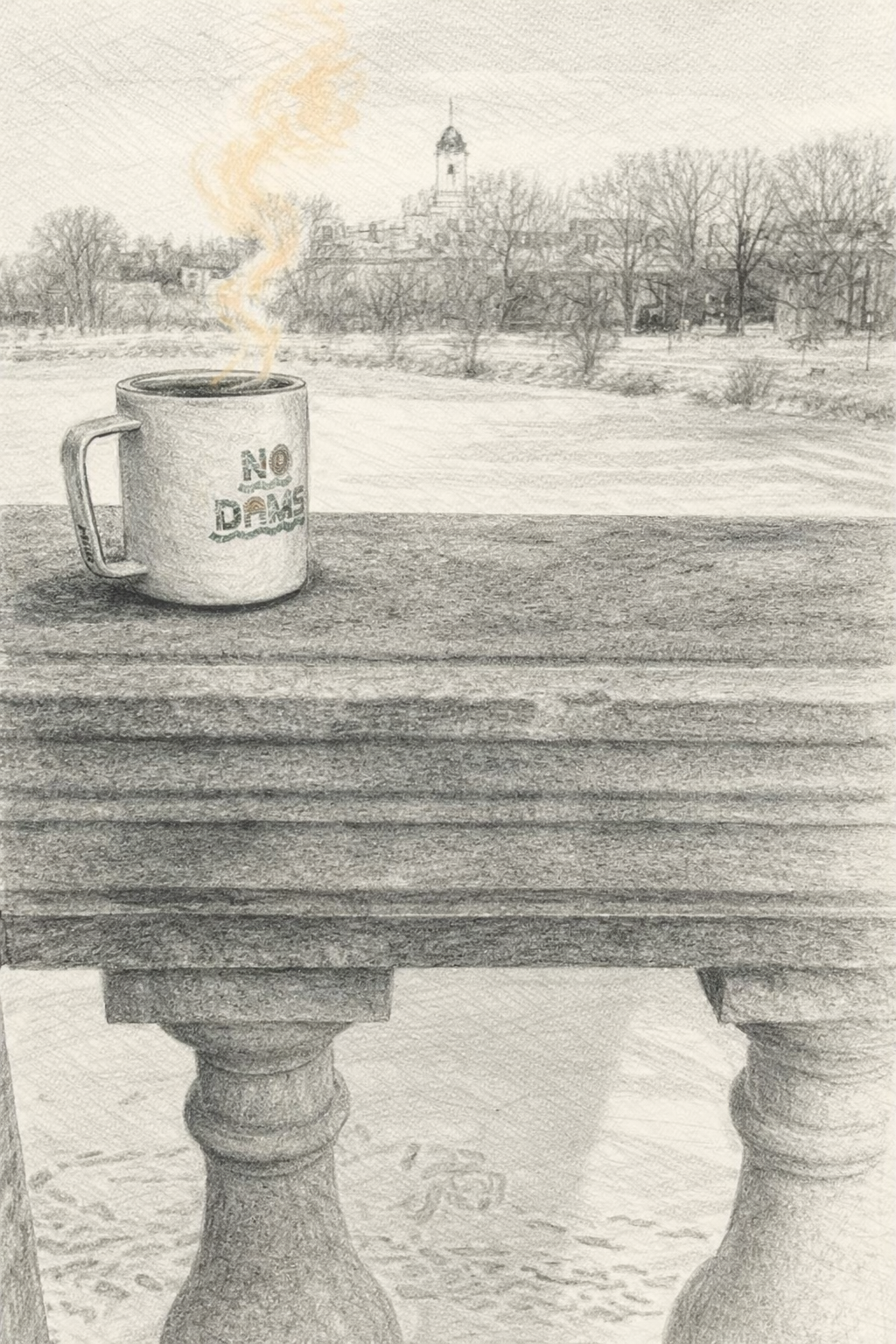 Pencil sketch of a steaming mug on a snowy stone table with distant trees and a small town beyond.