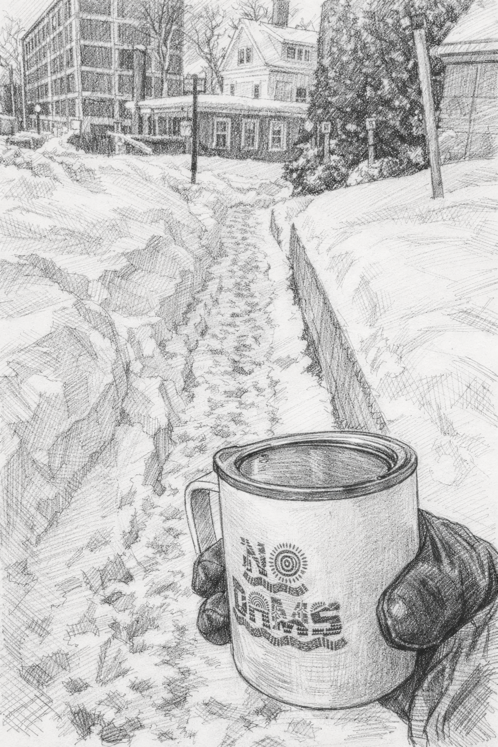 Pencil sketch of a snowy walkway with a gloved hand holding a No Dams mug.