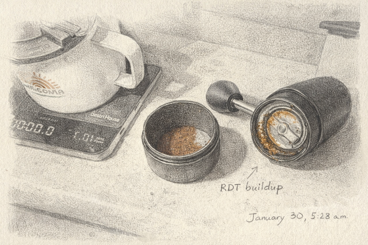 Timemore grinder with clumps of coffee in the bottom