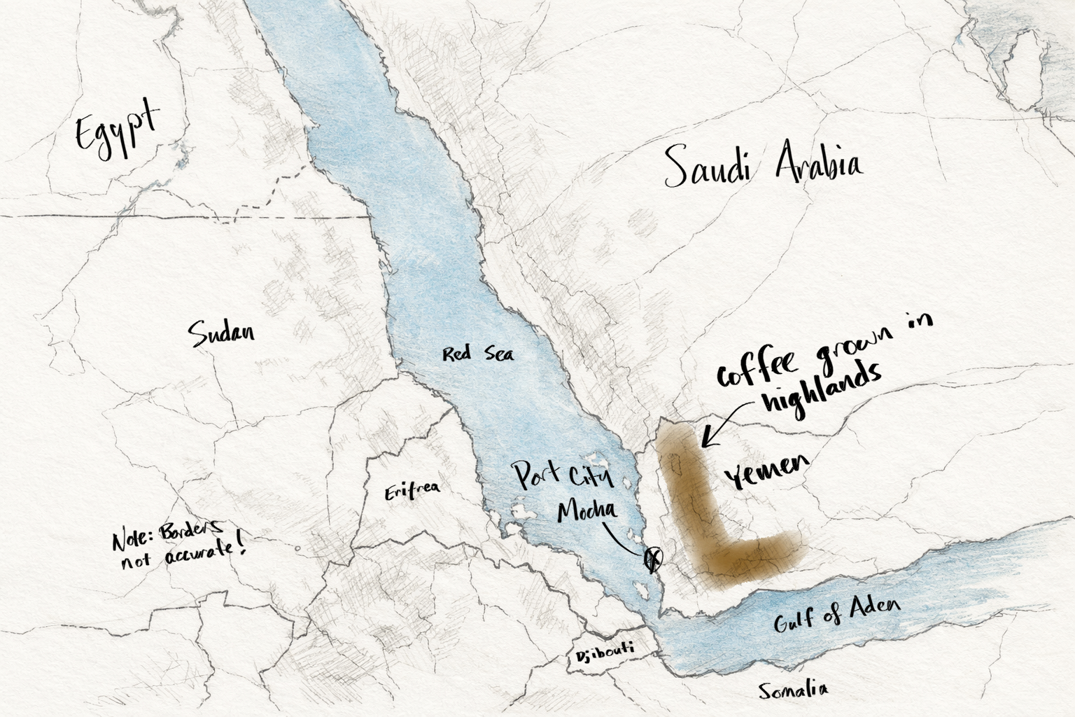 Annotated map of the region around the port city of Mocha, including hand-written Djibouti, Eritrea, Yemen, Saudia Arabia, Egypt