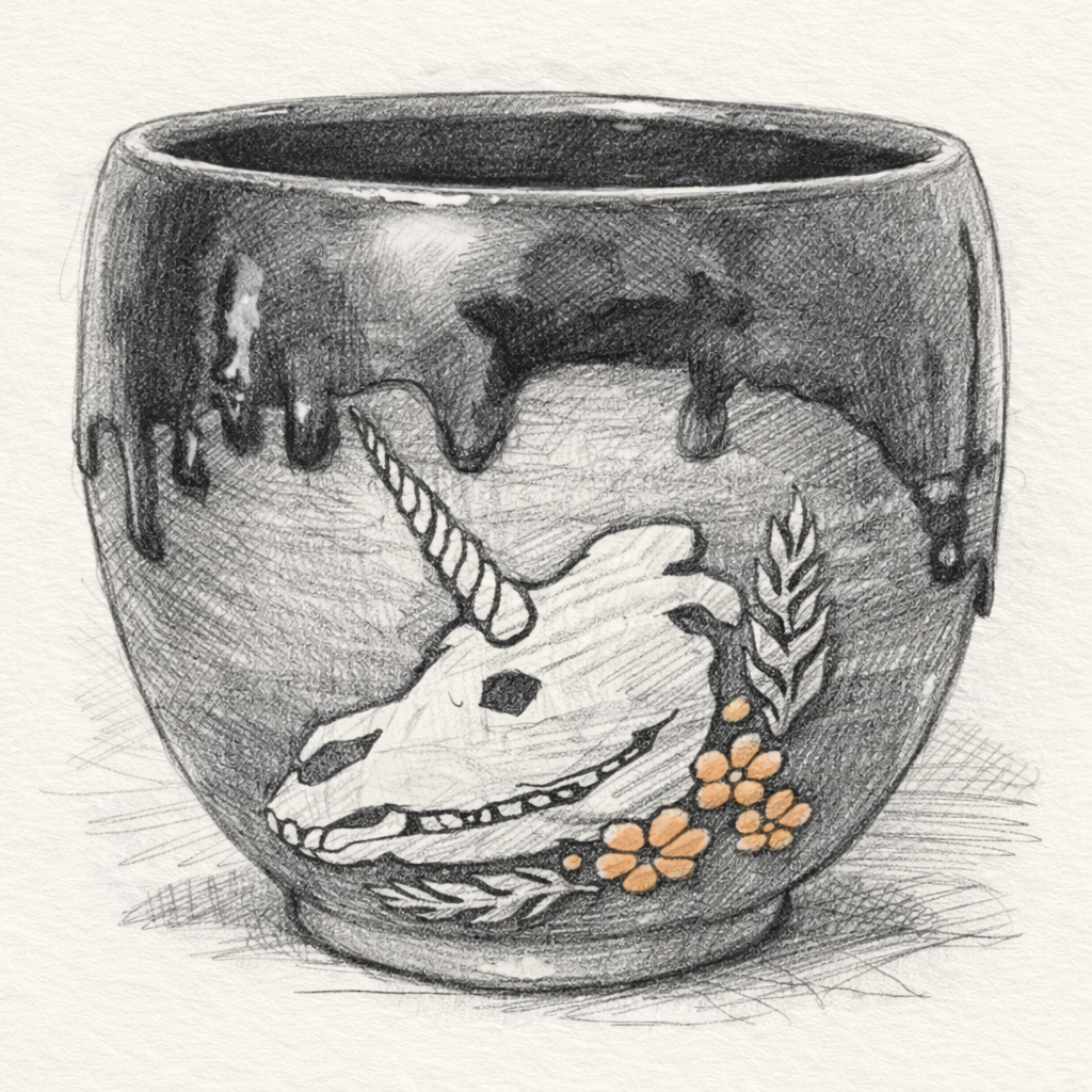 Black rounded mug with a glossy dripping rim, a white unicorn skull illustration, and small orange flowers
