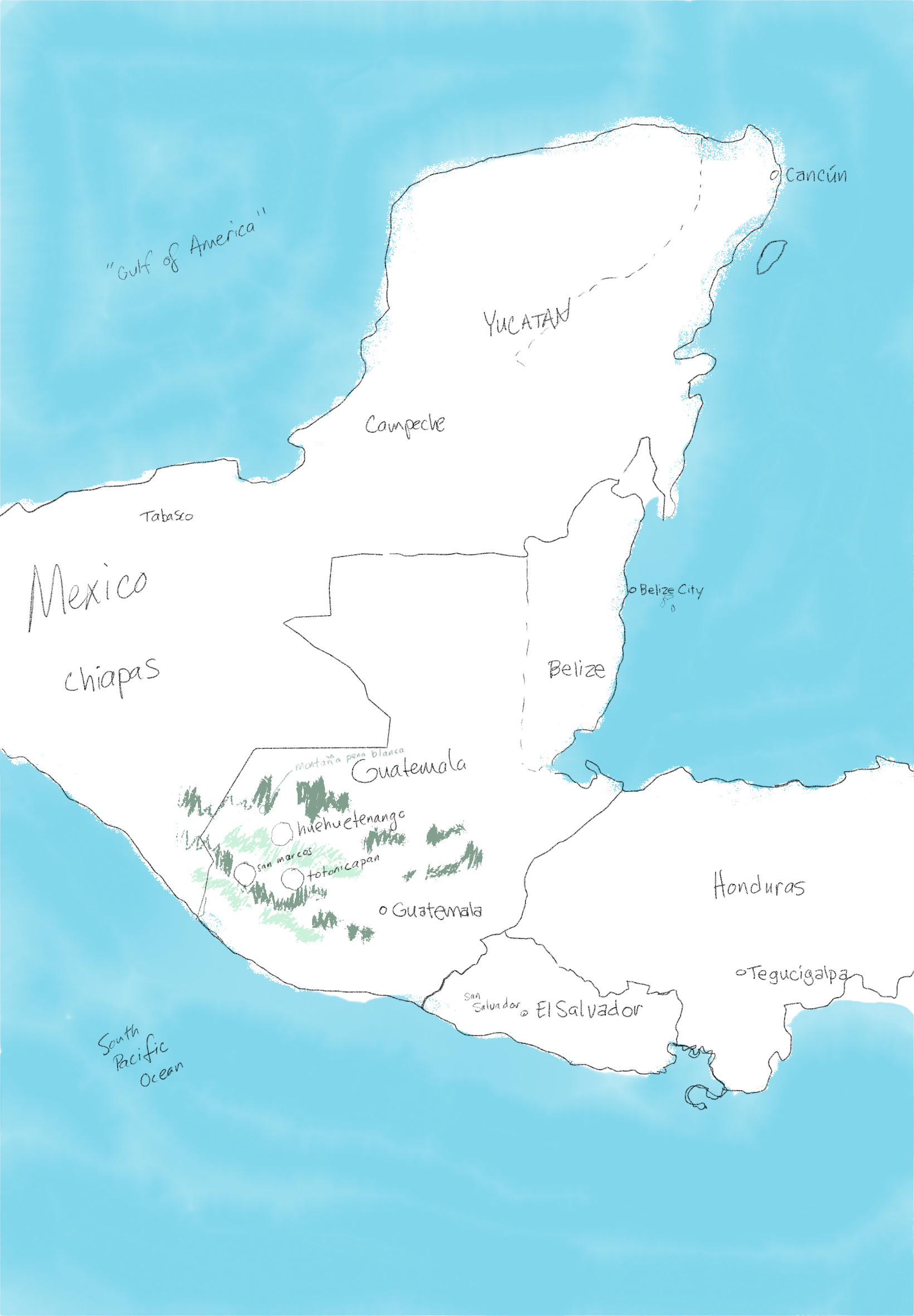 hand-drawn map of guatemala noting the nearby countries and the towns listed above