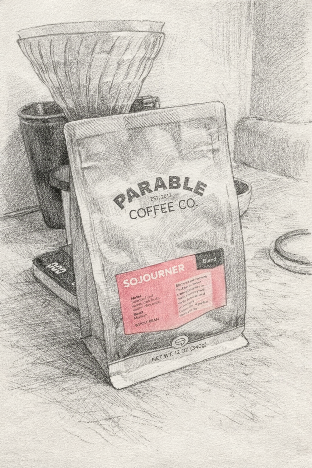 Parable Coffee Co. Sojourner Blend bag with a red label.