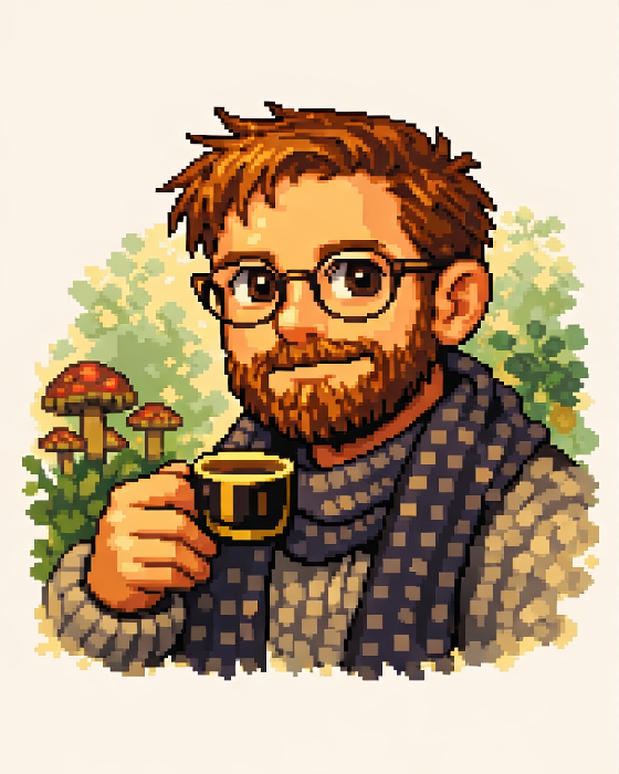 Pixel portrait of Sproglo holding a demitasse in a mushroom grove, with day and night variants.